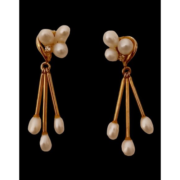 14k Solid Yellow Gold Diamond Pearl Cluster Dangle Stud Earrings 1.75" 3.7 Grams - Picture 1 of 7